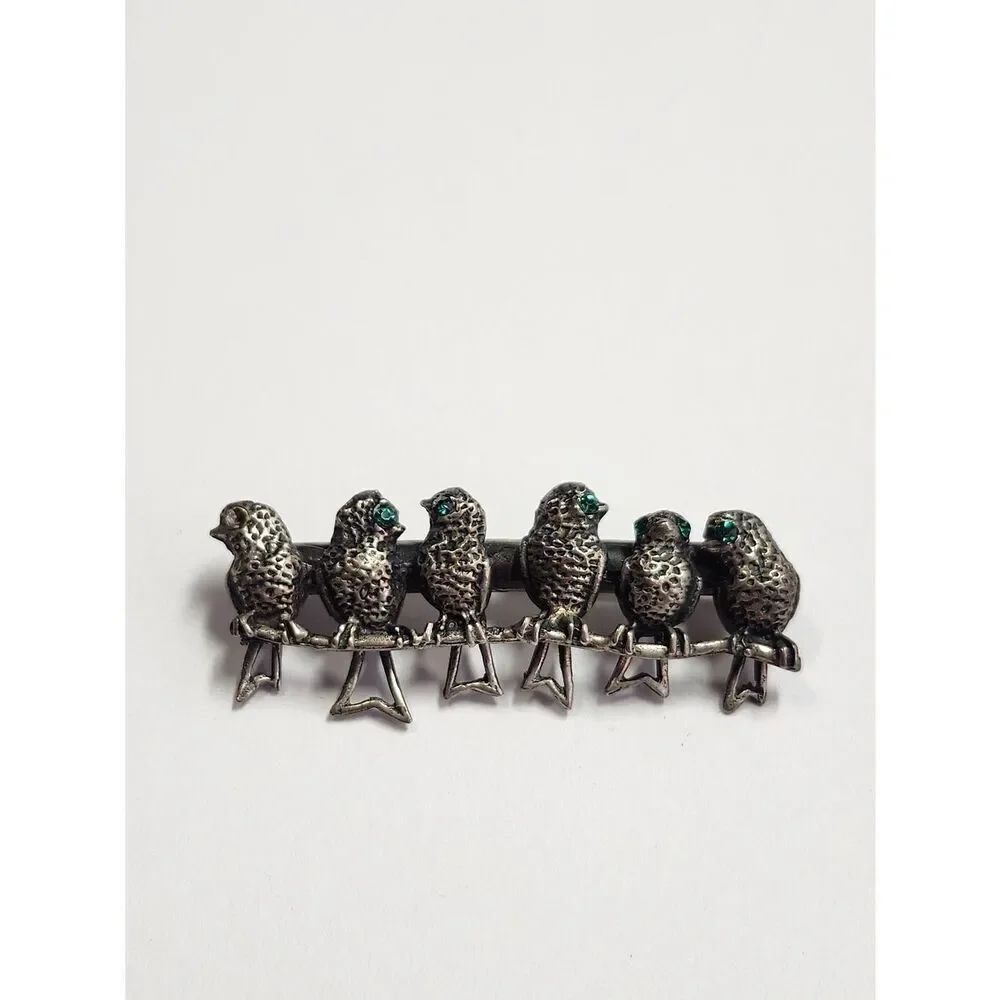 Vintage Sterling Silver Bird Brooch with Green Accent Eyes